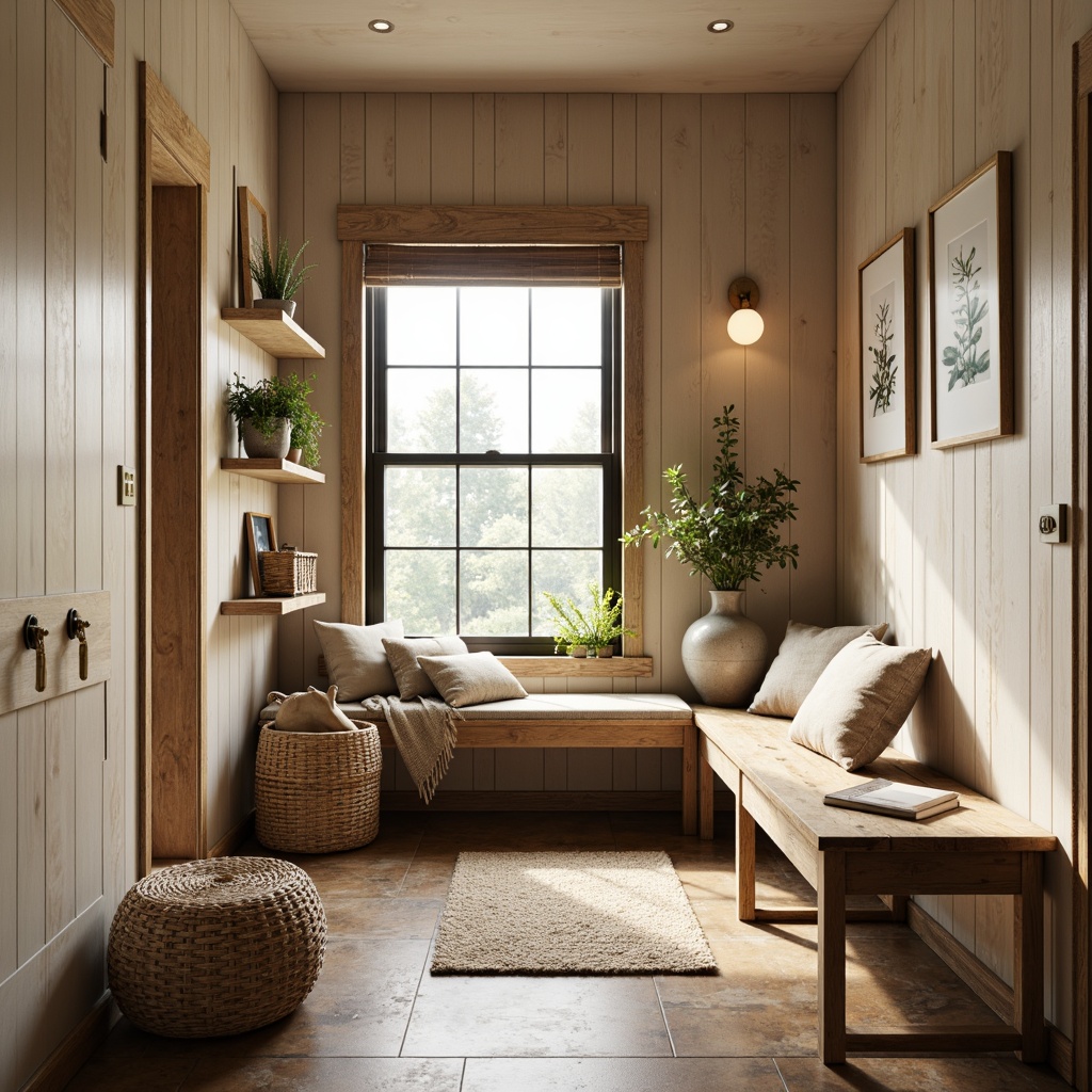 Prompt: Cozy mudroom, rustic wooden bench, warm beige walls, earthy brown floors, natural stone accents, woven wicker baskets, vintage metal hooks, distressed wood shelving, soft cream-colored cabinets, industrial-style lighting fixtures, warm golden hardware, calming greenery, serene botanical prints, organic textiles, natural fiber rugs, warm ambient lighting, shallow depth of field, 1/2 composition, realistic textures.