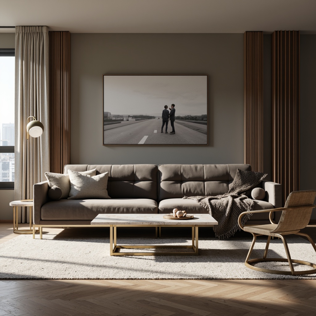 Prompt: Sleek low-profile sofa, tufted velvet upholstery, polished chrome legs, minimalist coffee table, geometric marble top, industrial metal chairs, rustic wooden accents, soft warm lighting, shallow depth of field, 1/1 composition, realistic textures, ambient occlusion, modern Scandinavian design, monochromatic color scheme, clean lines, functional simplicity, elegant minimalism.