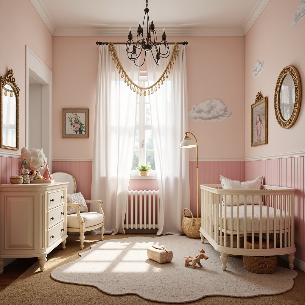 Prompt: Whimsical baby nursery, curved lines, flowing organic shapes, ornate metalwork, intricate wood carvings, soft pastel colors, pale pink walls, creamy white furniture, delicate floral patterns, ornamental mirrors, antique bronze fixtures, plush velvet fabrics, lace trimmings, scalloped edges, rounded corners, natural light, warm beige carpeting, vintage-inspired toys, 1/2 composition, shallow depth of field, romantic soft focus.