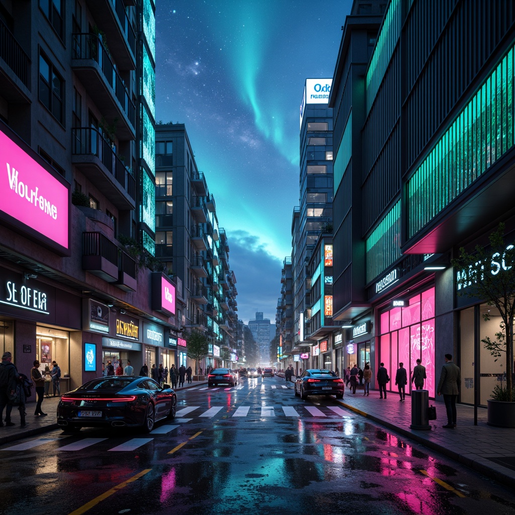 Prompt: Neon-lit cityscape, iridescent holographic hues, metallic chrome accents, electric blue nebulae, radiant aurora borealis, luminescent green circuits, deep space blackness, cosmic dust particles, sleek silver lines, glossy polished surfaces, high-tech gadgetry, futuristic neon lights, cyberpunk ambiance, vibrant pink highlights, dark matter textures, 3D holographic projections, atmospheric glow effects, shallow depth of field, cinematic composition, realistic reflective materials.