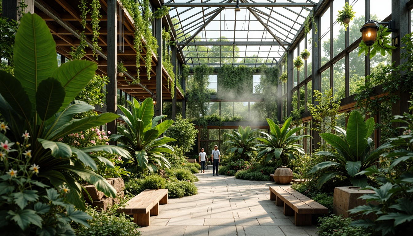 Prompt: Lush greenhouse interior, vibrant green walls, tropical plants, exotic flowers, natural stone flooring, reclaimed wood accents, modern minimalist benches, hanging planters, terrariums, misting systems, soft warm lighting, shallow depth of field, 3/4 composition, realistic textures, ambient occlusion.