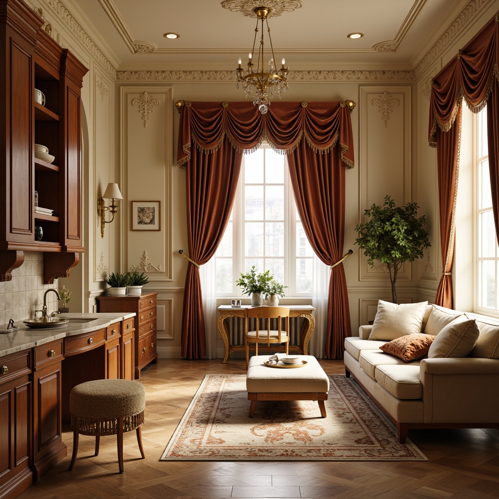 Prompt: Elegant kitchen interior, warm beige walls, rich wood cabinetry, ornate gold fixtures, luxurious velvet drapes, soft cream-colored marble countertops, intricate floral patterns, classic European-inspired furniture, plush area rugs, sophisticated pendant lighting, subtle texture contrasts, 1/2 composition, shallow depth of field, warm golden lighting, realistic fabric simulations.