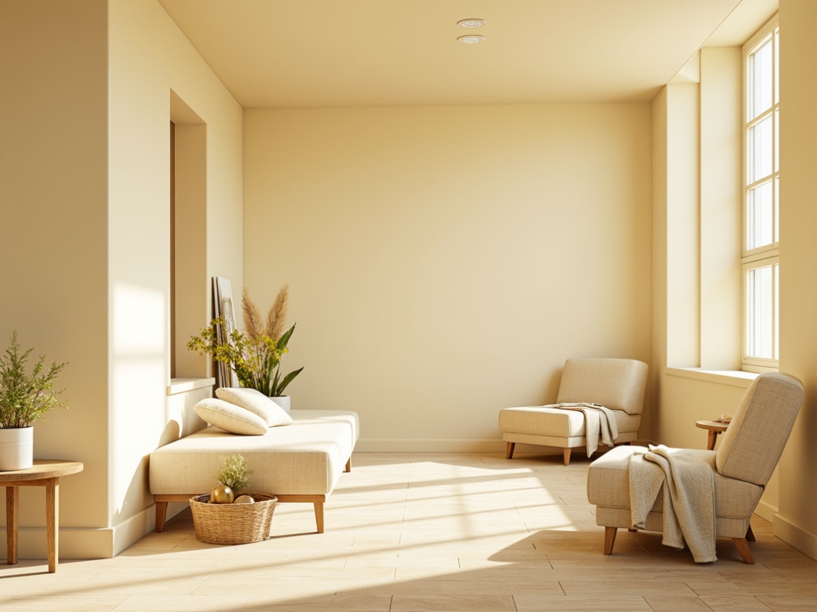 Prompt: Soft warm lighting, light yellow tone walls, creamy white accents, gentle beige furniture, natural wood textures, subtle golden metallic details, calming atmosphere, airy open space, minimalist decor, soft focus, shallow depth of field, 1/1 composition, realistic renderings, ambient occlusion.