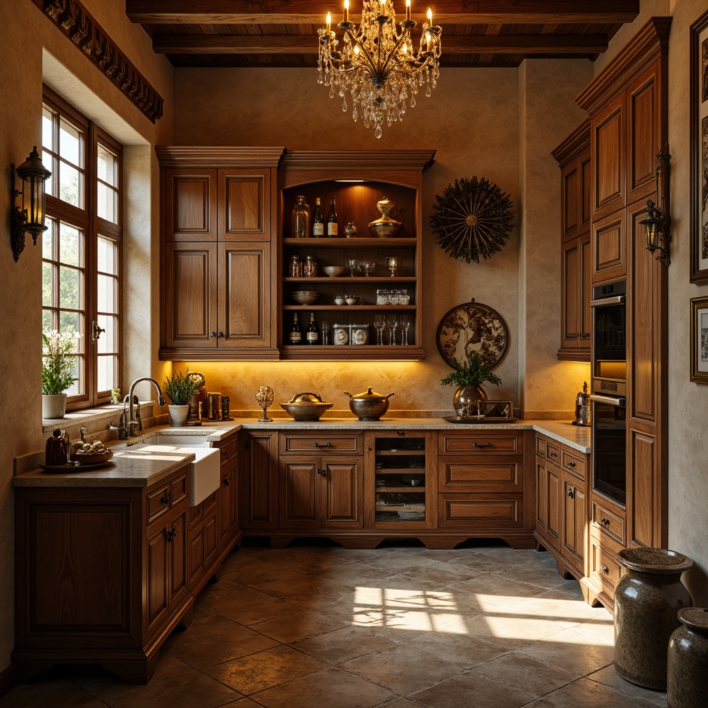 Prompt: Rustic pantry, Renaissance-style cabinetry, warm golden lighting, soft candlelight, ornate metal fixtures, distressed wood accents, earthy color palette, ambient shadows, subtle chiaroscuro, shallow depth of field, 1/2 composition, warm beige tones, rich brown woods, elegant cornice molding, decorative corbels, crystal chandeliers, opulent pendant lights, lavish ceiling details, natural stone countertops, classic architectural elements.