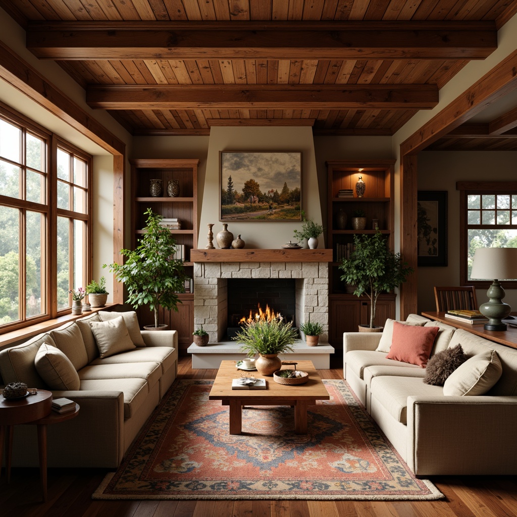 Prompt: Cozy living room, Craftsman style interior, crown molding with ornate details, warm wood tones, rich walnut flooring, comfortable plush furniture, natural textiles, earthy color palette, vintage decorative accents, soft warm lighting, shallow depth of field, 3/4 composition, realistic textures, ambient occlusion.