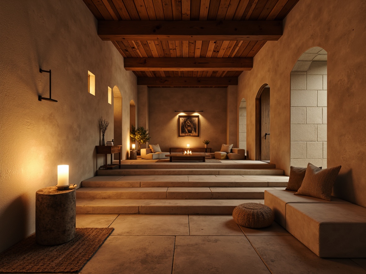 Prompt: Soft warm lighting, candlelit ambiance, serene monastery atmosphere, modern minimalist decor, neutral color palette, natural stone walls, wooden accents, rustic metal fixtures, subtle texture contrast, warm beige tones, soft shadows, ambient occlusion, 1/1 composition, realistic materials, detailed geometry, calm peaceful mood, spiritual essence, intimate scale, warm cozy nooks, subtle color gradients.