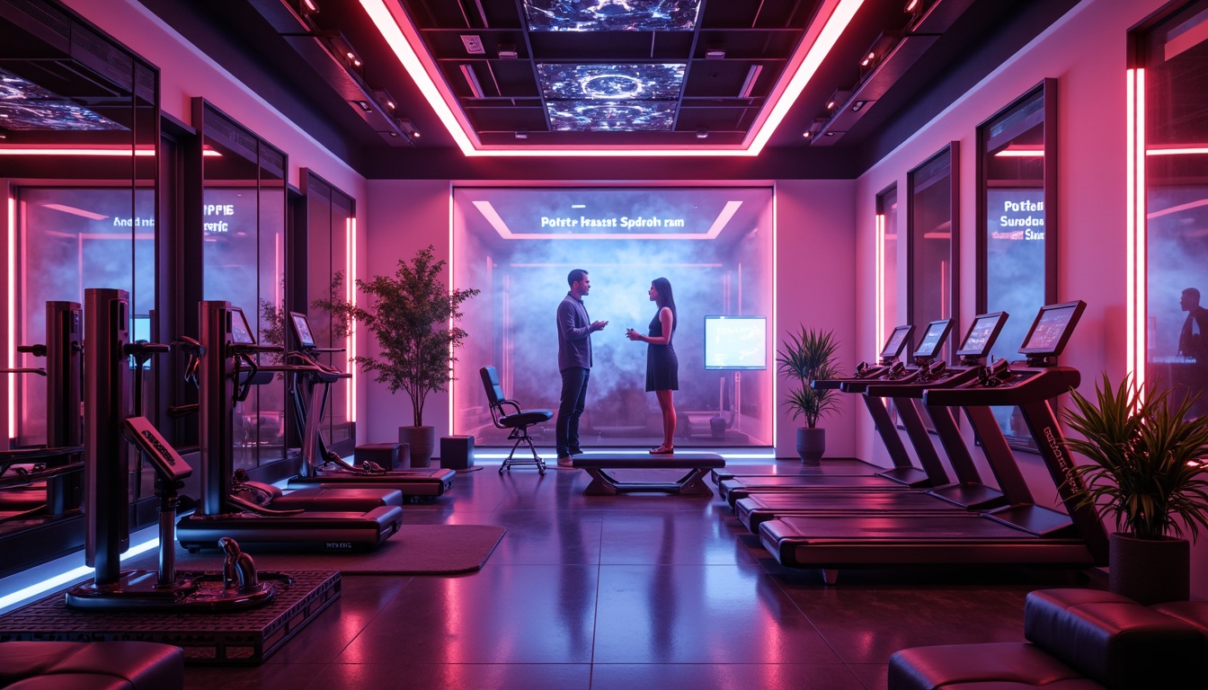 Prompt: Futuristic home gym, neon-lit ambiance, sleek metal equipment, mirrored walls, high-gloss flooring, vibrant LED lighting strips, ambient color-changing lights, minimalist decor, angular lines, cutting-edge technology integration, virtual fitness coaching displays, immersive sound systems, fog machines, dynamic ceiling projections, atmospheric smoke effects, luxurious leather upholstery, metallic accents, high-contrast color scheme, dramatic shadows, cinematic camera angles, 1/1 composition, soft focus, warm glow lighting.