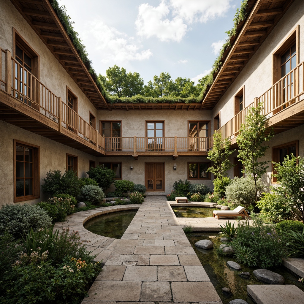 Prompt: Rustic monastery courtyard, natural stone walls, reclaimed wood accents, living green roofs, bamboo flooring, recycled glass windows, earthy tone color palette, organic gardens, meandering pathways, serene water features, minimal ornamentation, exposed wooden beams, large skylights, soft diffused lighting, 1/1 composition, realistic textures, ambient occlusion.