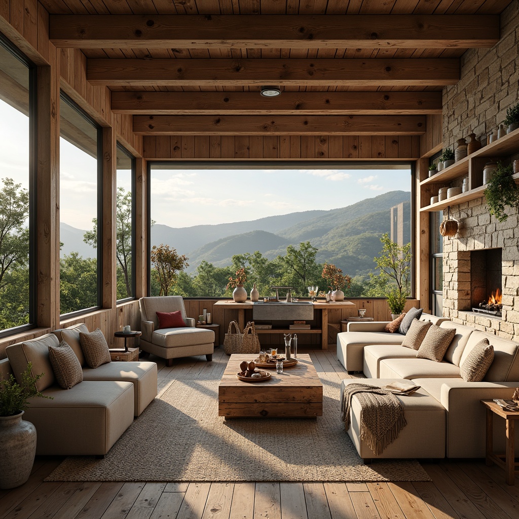 Prompt: Rustic wooden planks, distressed finishes, earthy tones, natural textures, vintage farm tools, woven baskets, soft candlelight, warm beige colors, plush throw blankets, oversized windows, panoramic views, rolling hills, lush greenery, wildflower arrangements, reclaimed wood shelves, galvanized metal accents, ceramic vases, farmhouse sinks, traditional furniture pieces, cozy reading nooks, comfortable seating areas, natural stone fireplaces, crackling flames, soft warm lighting, shallow depth of field.