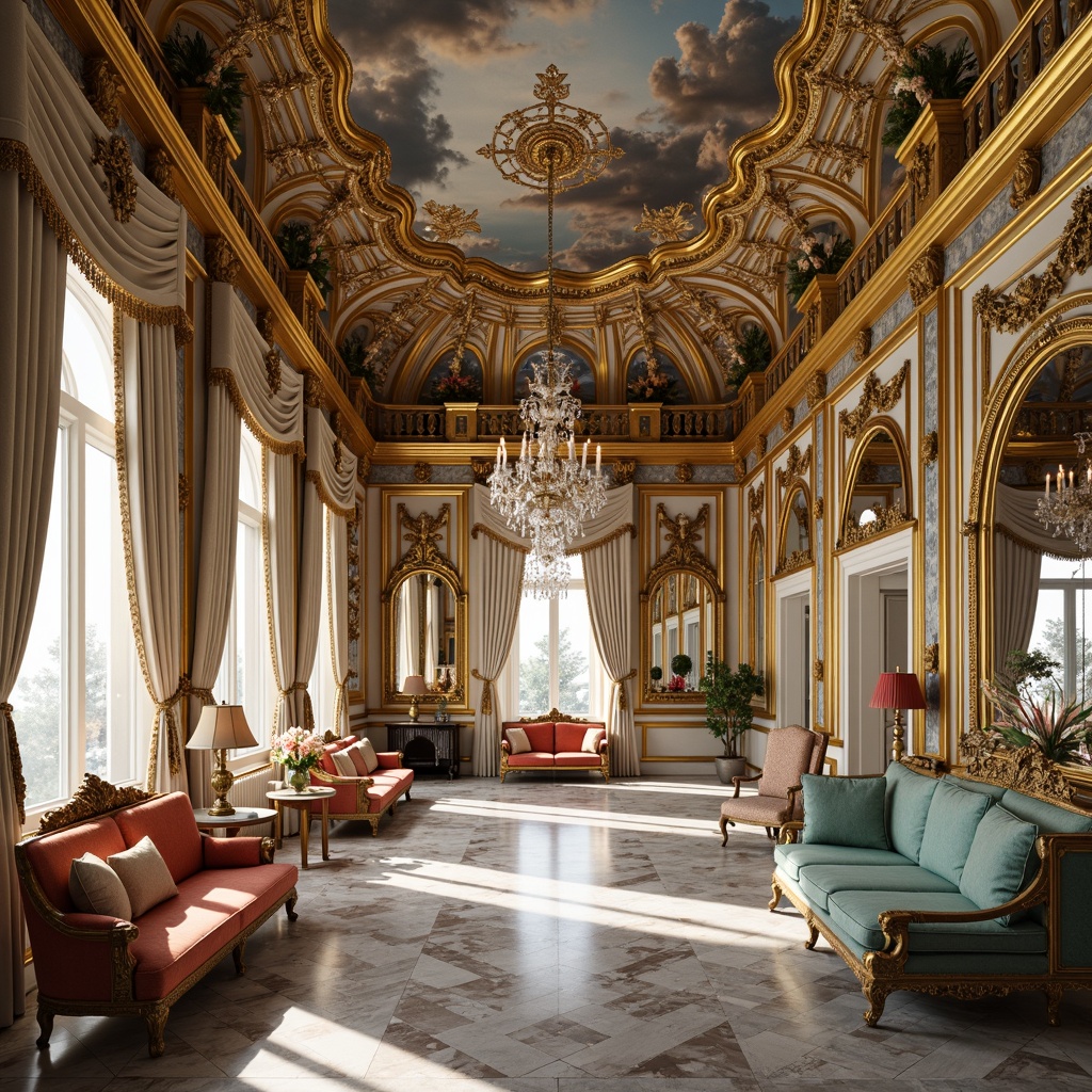 Prompt: Opulent palace interior, intricate carvings, gilded moldings, ornate furnishings, velvet drapes, crystal chandeliers, marble flooring, Rococo-style ornaments, curved lines, soft pastel hues, luxurious fabrics, golden accents, delicate patterns, whimsical motifs, grandiose scale, dramatic lighting, warm candlelight, shallow depth of field, 1/1 composition, ornate mirrors, lavish decorations, rich textures, ambient occlusion.