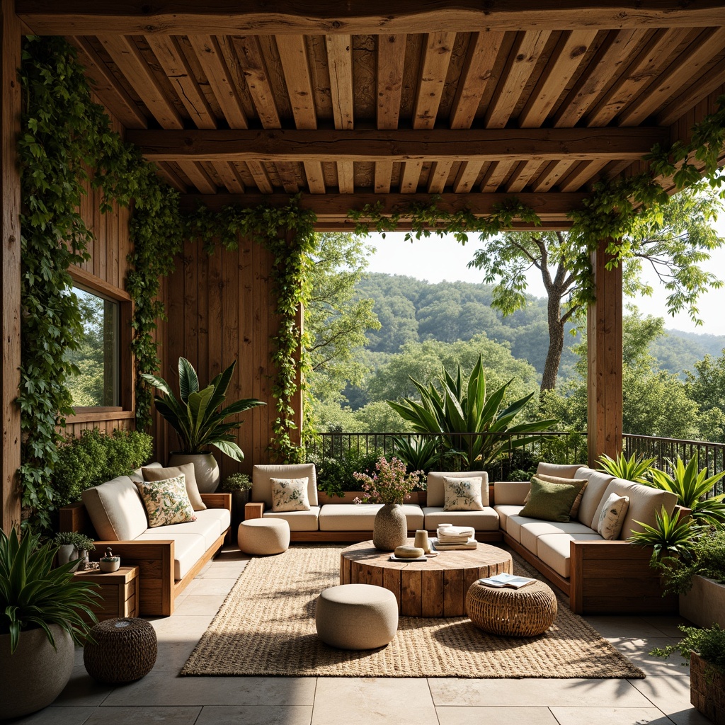 Prompt: Organic wooden accents, reclaimed wood furniture, earthy color palette, lush greenery, vines crawling walls, natural stone flooring, woven rattan textiles, botanical prints, abundant sunlight, soft warm lighting, shallow depth of field, 3/4 composition, panoramic view, realistic textures, ambient occlusion.