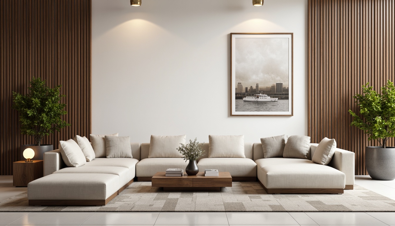 Prompt: Modern minimalist interior, sleek lines, monochromatic color scheme, soft pastel hues, creamy whites, deep charcoal grays, rich wood accents, luxurious velvet textures, metallic gold details, ambient warm lighting, shallow depth of field, 1/1 composition, realistic reflections, subtle gradient effects.