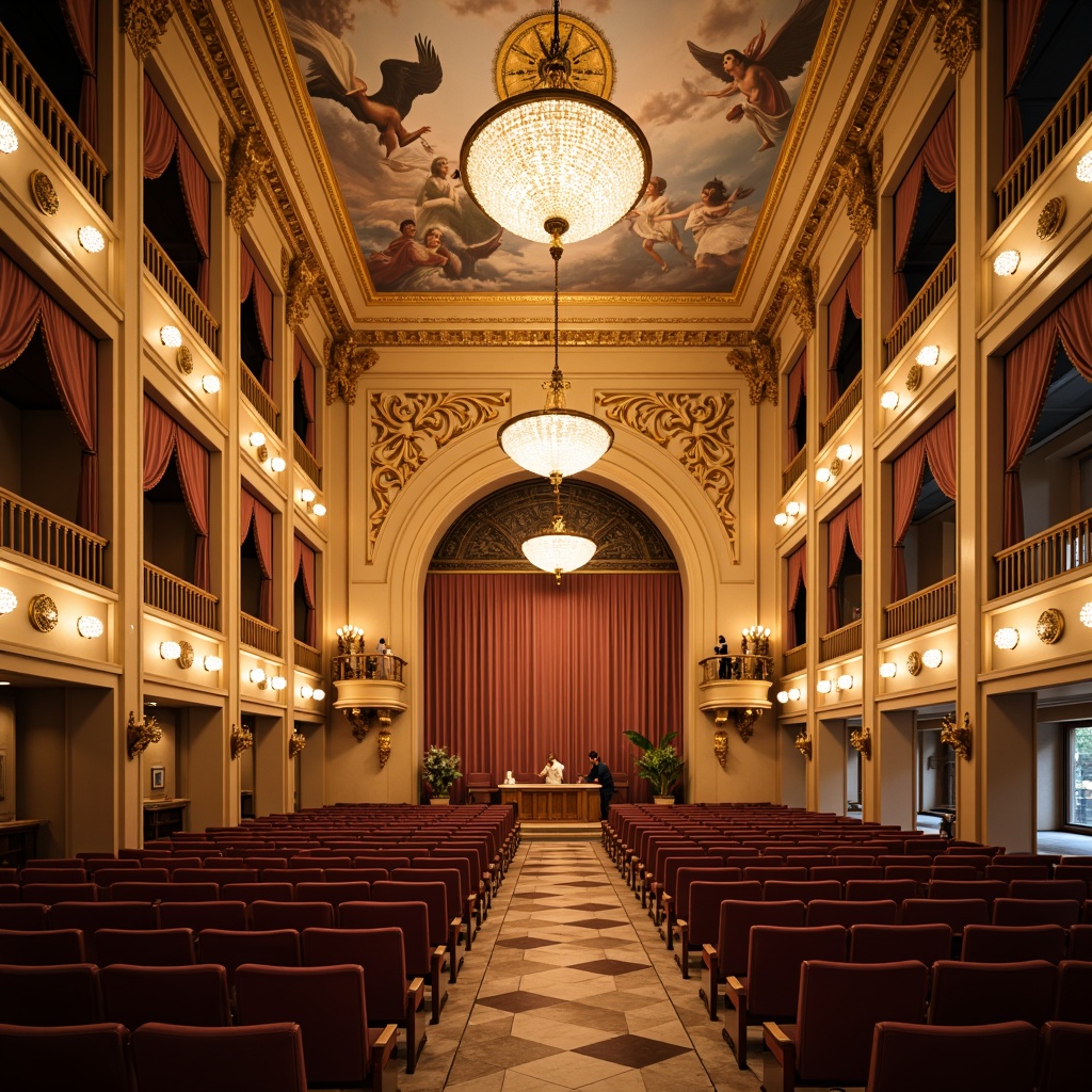 Prompt: Elegant theater interior, neoclassical architectural style, ornate moldings, crystal chandeliers, warm golden lighting, soft pastel colors, luxurious velvet curtains, intricate fresco ceiling, grand staircases, polished marble floors, opulent furniture upholstery, subtle wall sconces, dramatic spotlights, high-contrast shading, cinematic atmosphere, 1/1 composition, symmetrical framing, low-key illumination, rich textures, ambient Occlusion.