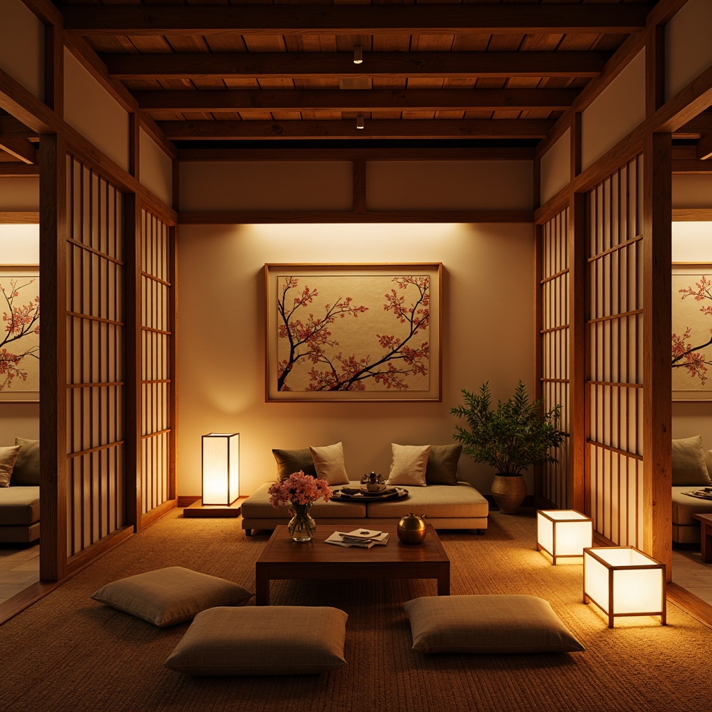 Prompt: Warm Asian-style living room, natural wood accents, paper lanterns, soft warm lighting, table lamps, floor lamps, traditional Japanese shoji screens, sliding doors, tatami mats, low seating, minimalist decor, subtle color palette, rice paper textures, woven bamboo furniture, cherry blossom patterns, gentle warm glow, 1/1 composition, shallow depth of field, realistic wood grains.