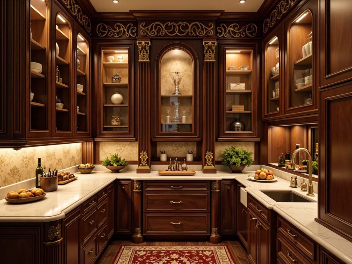 Prompt: Richly ornamented pantry cabinetry, Renaissance-inspired carvings, intricate wooden inlays, ornate metal hardware, warm golden lighting, luxurious velvet textiles, opulent marble countertops, elegant curved lines, refined classic proportions, rich walnut wood tone, subtle distressed finishes, soft warm color palette, shallow depth of field, 1/1 composition, realistic textures, ambient occlusion.