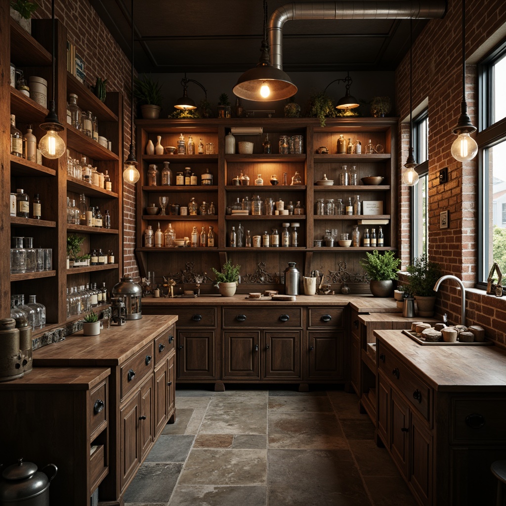 Prompt: Vintage laboratory atmosphere, antique wooden cabinets, distressed metal shelving, classic Edison bulbs, industrial-style pendant lights, ornate metal lanterns, warm soft glow, subtle ambient shadows, realistic metallic reflections, worn stone flooring, aged brick walls, nostalgic color palette, earthy tones, rustic textures, shallow depth of field, 1/2 composition, naturalistic rendering, authentic props.