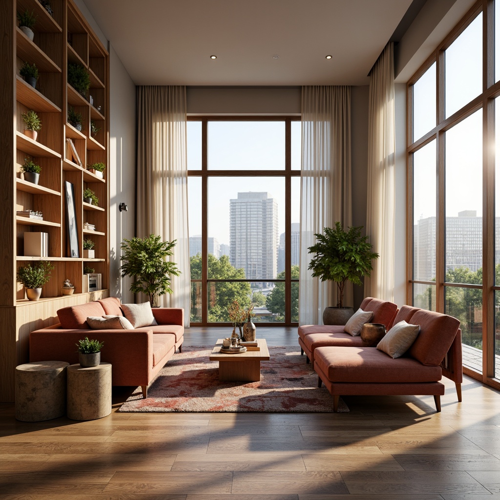 Prompt: Luxurious living room, reclaimed wood flooring, eco-friendly sofas, velvet upholstery, natural fiber rugs, minimalist coffee tables, sustainable bamboo shelves, low-VOC paints, energy-efficient LED lighting, floor-to-ceiling windows, sheer curtains, urban skyline views, morning sunlight, soft warm ambiance, shallow depth of field, 1/2 composition, realistic textures, ambient occlusion.