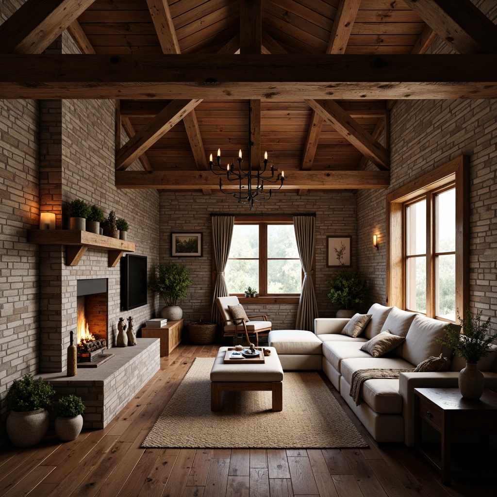 Prompt: Rustic cabin, reclaimed wood planks, earthy stone walls, natural brick textures, distressed wooden beams, vintage metal accents, warm candle lighting, cozy fireplace, plush area rugs, comfortable sofas, nature-inspired artwork, wooden window frames, soft diffused light, shallow depth of field, 1/1 composition, atmospheric perspective.