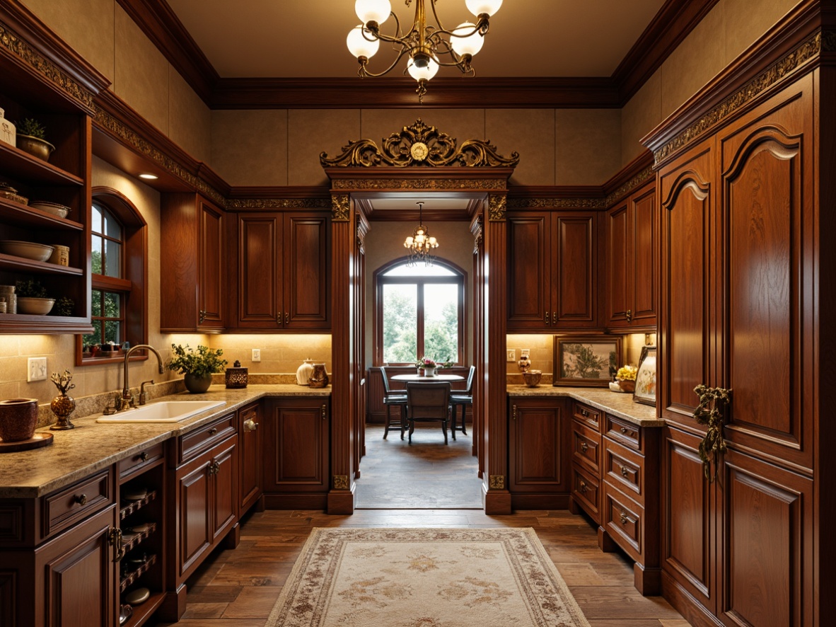 Prompt: Renaissance-style pantry, ornate cabinetry, intricate carvings, luxurious wood tones, golden hardware, elegant crown molding, sophisticated archways, richly stained wood, velvet-textured countertops, ambient soft lighting, warm beige walls, distressed wooden floors, classic European-inspired designs, symmetrical composition, 1/2 depth of field, warm natural light, subtle shadows, realistic wood grain textures.