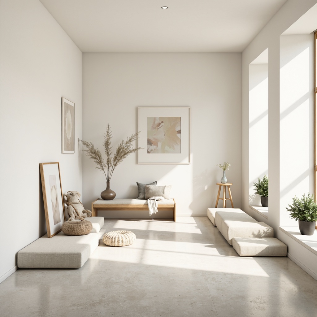 Prompt: Creamy white walls, polished concrete floors, minimal wooden accents, sparse decorative objects, monochromatic artwork, soft diffused lighting, subtle shadows, clean lines, geometric shapes, matte finish, neutral color palette, pastel hues, delicate textures, ambient occlusion, shallow depth of field, 1/1 composition, panoramic view.