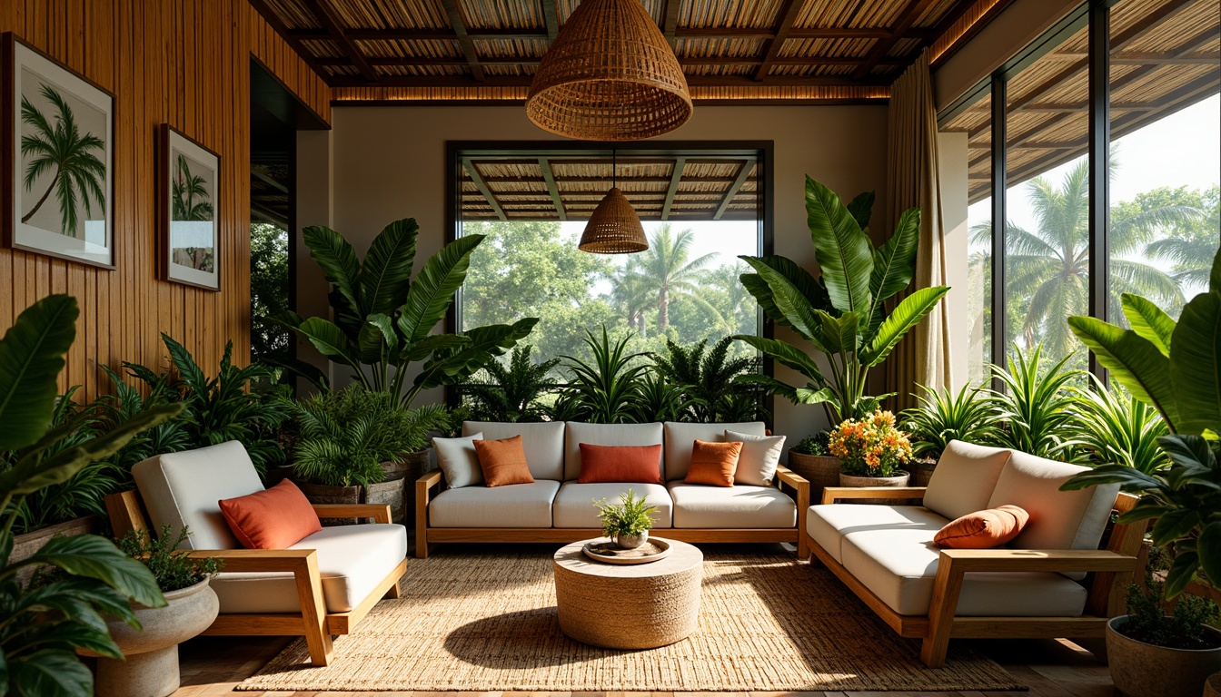 Prompt: Vibrant tropical interior, lush greenery, exotic plants, rattan furniture, woven textiles, natural materials, earthy tones, wooden accents, bamboo walls, palm tree patterns, colorful floral arrangements, warm soft lighting, shallow depth of field, 1/1 composition, realistic plant textures, ambient occlusion.