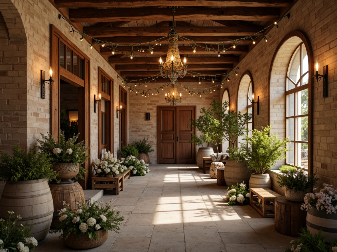 Prompt: Rustic winery, distressed wood accents, vintage metal lanterns, warm candlelight, soft golden glow, dimmable pendant lights, exposed brick walls, reclaimed wooden beams, earthy tone color palette, natural stone flooring, ornate metal chandeliers, mercury glass pendants, whimsical string lights, lush greenery, overflowing flower arrangements, warm beige tones, creamy whites, soft pastels, romantic ambiance, relaxed atmosphere, 1/2 composition, shallow depth of field, warm golden lighting, realistic textures.