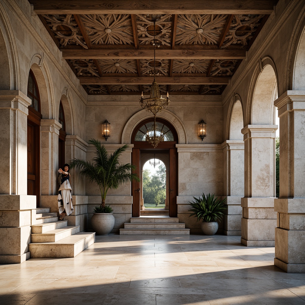 Prompt: Grandiose entrance, ornate columns, carved stone facades, symmetrical architecture, majestic arches, rustic brick walls, limestone flooring, elegant staircases, polished wooden doors, bronze door handles, intricate moldings, decorative ceiling medallions, crystal chandeliers, stately windows, neutral color palette, soft natural lighting, shallow depth of field, 1/1 composition, realistic textures, ambient occlusion.