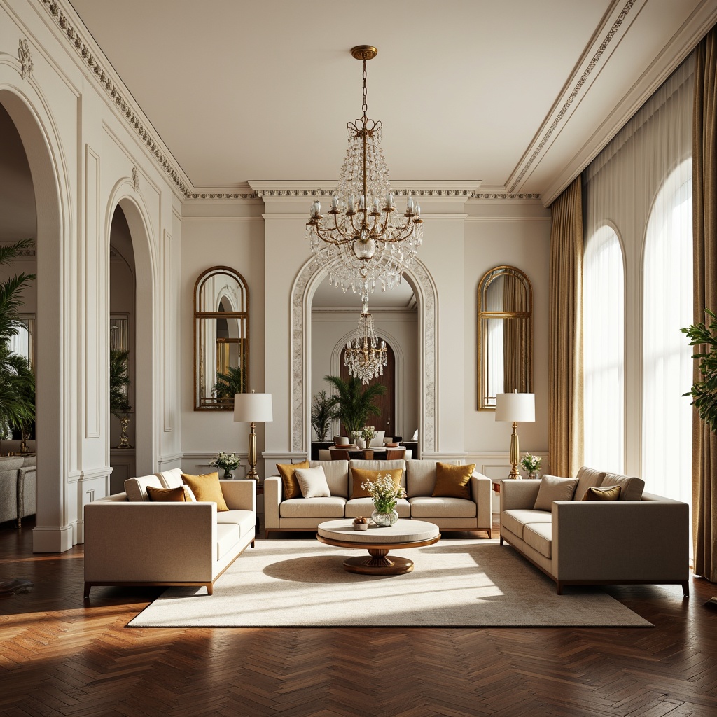 Prompt: Luxurious living room, marble accents, creamy white walls, polished chrome fixtures, velvet sofas, ornate mirrors, crystal chandeliers, rich wood flooring, elegant archways, subtle gold leafing, natural light pouring in, soft warm ambiance, shallow depth of field, 1/1 composition, realistic textures, ambient occlusion.