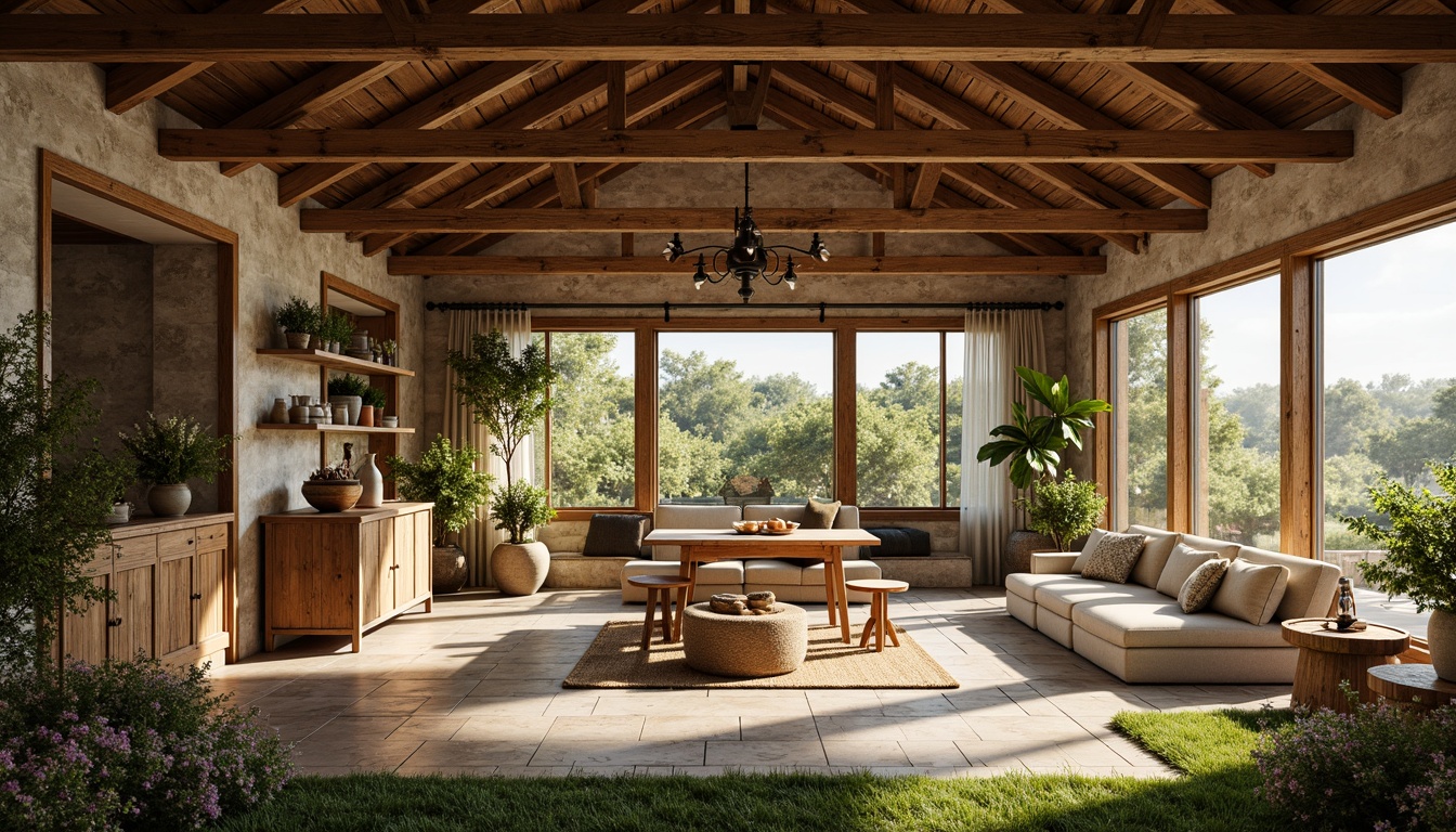 Prompt: Rustic farmhouse, wooden beams, vintage decor, natural stone walls, earthy tones, warm ambiance, abundant natural light, large windows, sliding glass doors, lush greenery, blooming wildflowers, sunny day, soft warm lighting, shallow depth of field, 3/4 composition, panoramic view, realistic textures, ambient occlusion.