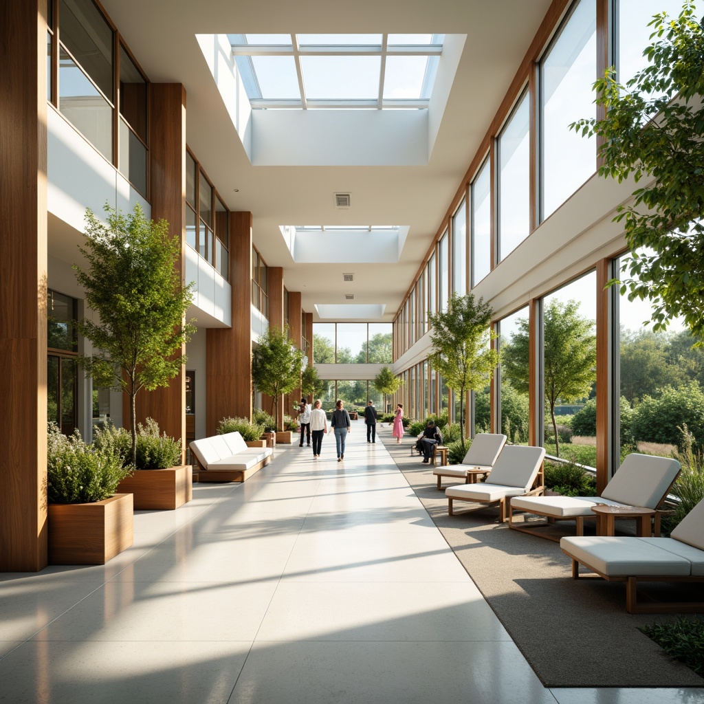 Prompt: Calming hospital interior, abundant natural light, floor-to-ceiling windows, minimalist decor, soothing color palette, warm wooden accents, comfortable seating areas, lush greenery, skylights, clerestory windows, open spaces, airy corridors, soft diffused lighting, gentle shading, 1/1 composition, realistic textures, ambient occlusion.