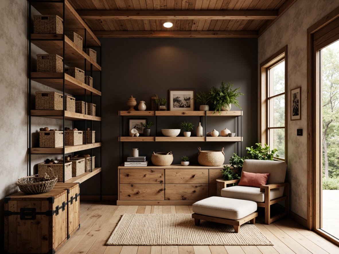 Prompt: Cozy storage room, rustic wooden shelves, industrial metal racks, woven baskets, minimalist decor, soft warm lighting, natural wood tones, earthy color palette, textured fabrics, vintage storage trunks, antique furniture pieces, distressed finishes, open shelving units, compact storage ottomans, adjustable shelving systems, 3/4 composition, shallow depth of field, realistic textures, ambient occlusion.