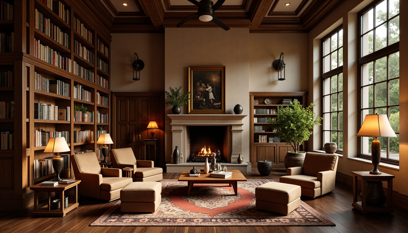 Prompt: Warm wooden bookshelves, plush velvet armchairs, soft golden lamp lighting, rich leather ottomans, comfortable reading nooks, rustic wooden coffee tables, vintage metal floor lamps, cozy throw blankets, natural stone fireplaces, warm beige walls, dark wood paneling, large windows with soft drapery, morning sunlight filtering, subtle scent of old books, quiet atmosphere, 1/1 composition, shallow depth of field, realistic textures.