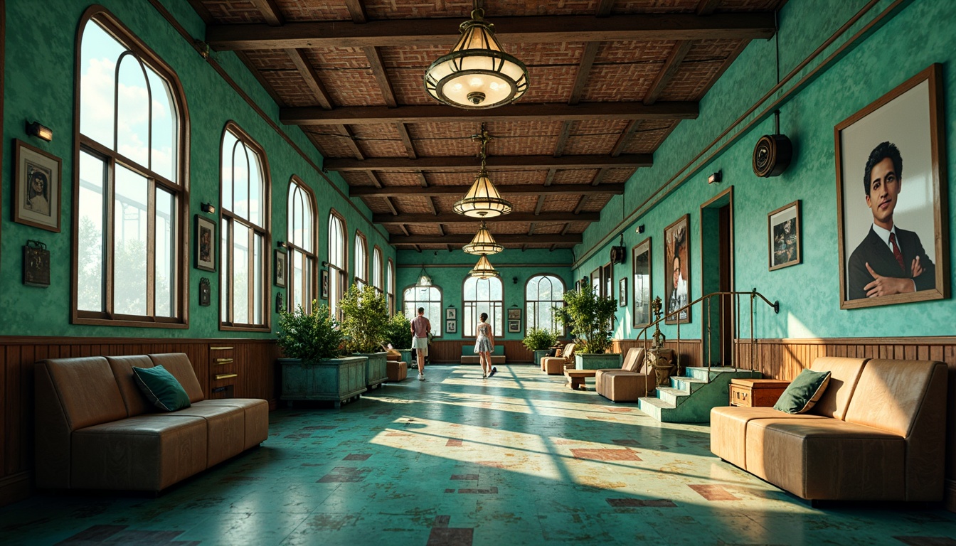 Prompt: Vibrant mint hues, art deco accents, curved metallic lines, industrial train station architecture, retro-futuristic expressionism, distressed brick walls, worn wooden benches, vintage luggage racks, ornate chandeliers, abstract geometric patterns, warm soft lighting, cinematic atmosphere, shallow depth of field, 2/3 composition, realistic textures, ambient occlusion.