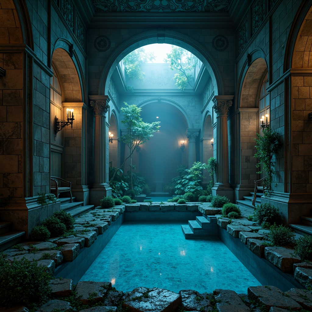 Prompt: Mysterious underwater atmosphere, gothic arches, ornate stone carvings, grandiose columns, dramatic lighting effects, eerie shadows, dark blue pool water, misty ambiance, lavish furnishings, velvet drapes, mysterious artifacts, ancient relics, weathered stone walls, moss-covered surfaces, intricate mosaics, stained glass windows, mystical symbols, luxurious textiles, ornate metalwork, warm candlelight, shallow depth of field, 1/2 composition, cinematic lighting.