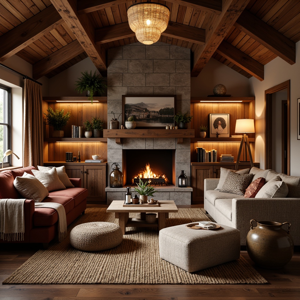 Prompt: Cozy living room, warm wooden accents, rich walnut paneling, rustic wooden beams, earthy color palette, natural stone fireplace, plush velvet sofas, vintage metal lanterns, woven jute rugs, wooden furniture legs, chunky throw blankets, soft ambient lighting, shallow depth of field, 1/1 composition, intimate atmosphere, realistic wood textures, subtle shadowing.