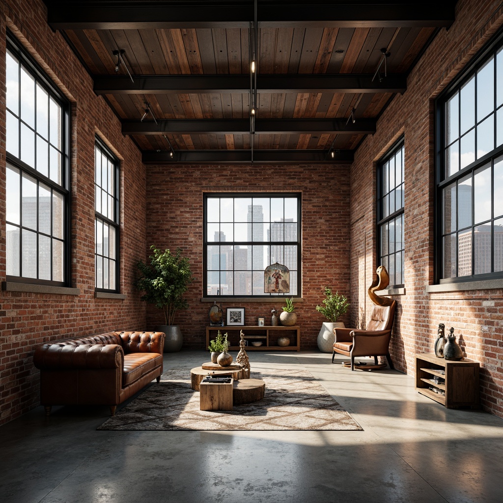 Prompt: Exposed brick walls, industrial metal beams, polished concrete floors, reclaimed wood accents, vintage factory windows, minimalist decor, functional lighting, urban landscape views, converted warehouse atmosphere, eclectic art installations, distressed leather furniture, metallic color palette, moody atmospheric lighting, shallow depth of field, 1/1 composition, realistic textures, ambient occlusion.