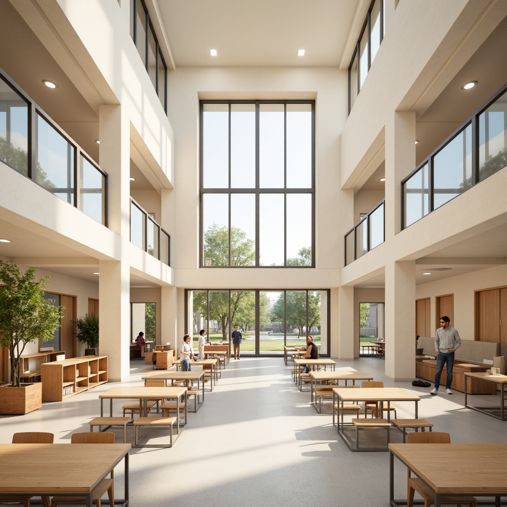 Prompt: Minimalist high school interior, soft pastel colors, creamy whites, warm beige tones, subtle wood accents, industrial metal frames, sleek glass surfaces, modern furniture designs, simple geometric shapes, abundant natural light, softbox lighting, shallow depth of field, 1/1 composition, realistic textures, ambient occlusion.