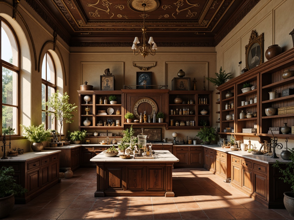 Prompt: Richly ornamented laboratory, warm beige walls, dark wood accents, polished brass fixtures, vintage scientific instruments, distressed leather-bound tomes, soft golden lighting, subtle shadows, dramatic high ceilings, ornate plaster moldings, classic wooden cabinetry, earthy terracotta flooring, muted greenery, elegant marble countertops, antique apothecary jars, rustic metal shelving, warm sepia tones, natural textures, 1/1 composition, atmospheric perspective, realistic reflections.