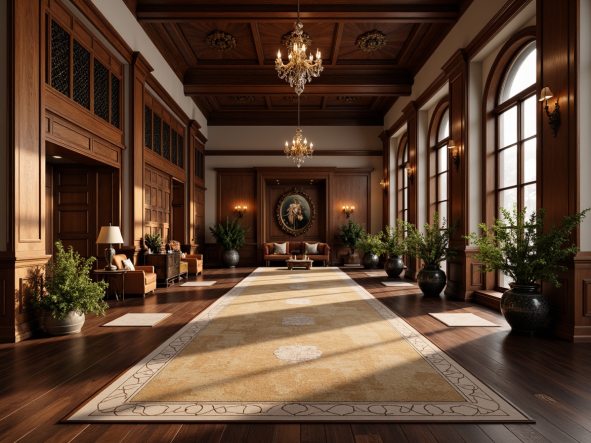 Prompt: Renaissance-inspired interior, ornate furnishings, rich wood tones, dark-stained hardwood floors, inlaid marble patterns, intricate stone mosaics, warm beige carpets, luxurious velvet rugs, ornamental metal accents, antique bronze fixtures, lavish chandeliers, soft warm lighting, shallow depth of field, 3/4 composition, realistic textures, ambient occlusion.