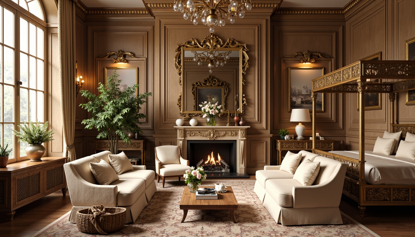 Prompt: Opulent velvet sofas, intricately carved wooden frames, gilded bronze accents, ornate mirrors, lavish silk upholstery, curved legs, cabriole chairs, decorative shell motifs, soft golden lighting, warm beige colors, luxurious textiles, Baroque-inspired patterns, highly polished finishes, delicate porcelain vases, exotic floral arrangements, grandiose chandeliers, majestic four-poster beds, carved wooden paneling, richly ornamented walls.