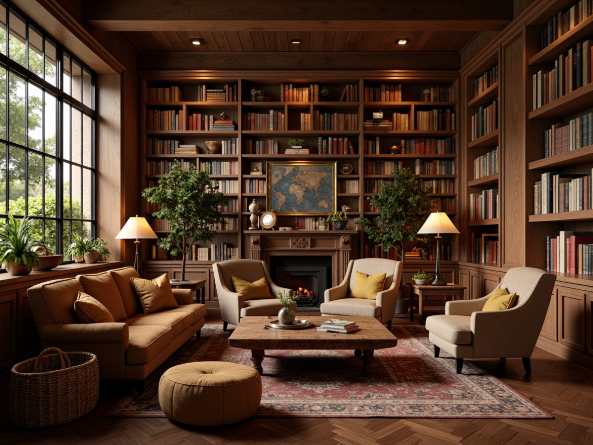 Prompt: Cozy library atmosphere, warm wooden bookshelves, plush armchairs, soft velvet sofas, rich leather ottomans, antique bronze lamps, rustic wooden coffee tables, woven wicker baskets, natural fiber rugs, earthy color palette, comfortable reading nooks, floor-to-ceiling windows, warm golden lighting, shallow depth of field, 1/1 composition, realistic textures, ambient occlusion.