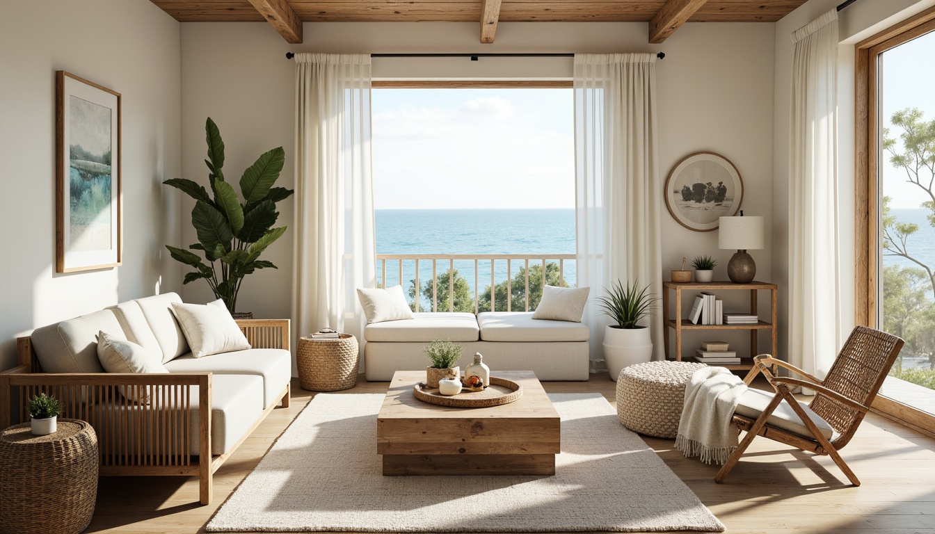 Prompt: Calming coastal cottage, soft sandy neutrals, soothing seafoam greens, crisp whites, weathered wood accents, natural textures, woven rattan furniture, driftwood decorative pieces, ocean-inspired blues, misty morning light, warm sunny afternoons, shallow depth of field, 2/3 composition, symmetrical framing, gentle atmospheric perspective, realistic material renderings.