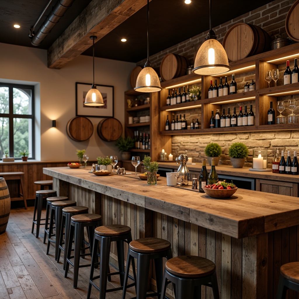 Prompt: Rustic farmhouse bar, reclaimed wood countertops, vintage metal stools, pendant lighting fixtures, earthy color palette, natural stone walls, wooden barrels, wine racks, industrial pipes, exposed brick, distressed finishes, cozy warm ambiance, soft golden lighting, shallow depth of field, 1/1 composition, realistic textures, ambient occlusion.