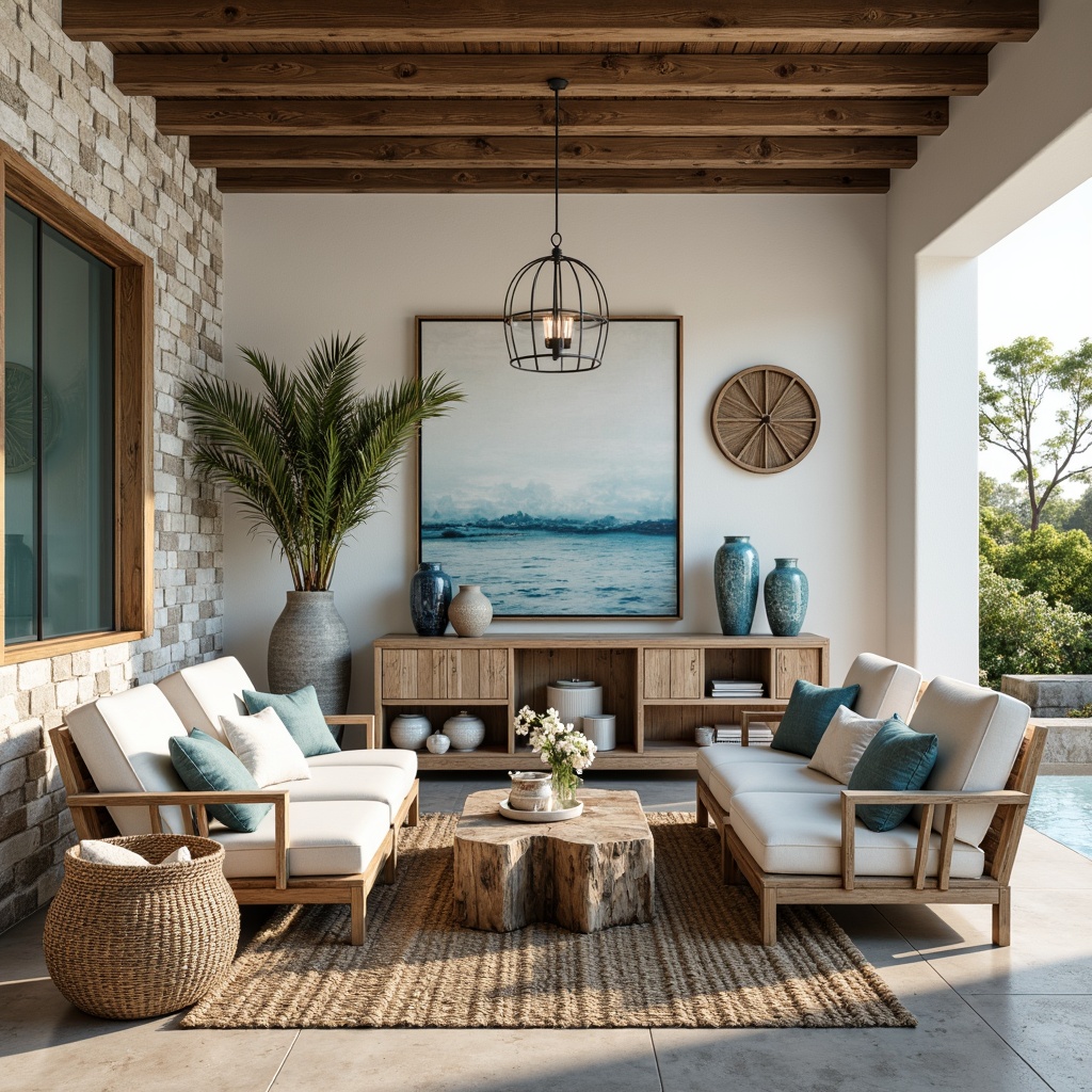 Prompt: Weathered wood accents, driftwood coffee tables, jute rugs, natural fiber textiles, ocean-inspired color palette, calming blues and whites, distressed finishes, coral-patterned ceramics, woven rattan furniture, nautical rope details, glass pendant lighting, mercury glass vases, sea salt-weathered stone walls, organic shapes, beachy vibes, laid-back atmosphere, warm sunny day, soft natural lighting, shallow depth of field, 3/4 composition, realistic textures.