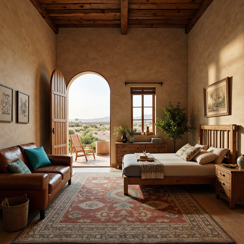 Prompt: Earthy southwestern bedroom, rustic wooden furniture, distressed leather upholstery, turquoise accents, woven Native American patterns, plush area rug, natural linen fabrics, adobe-inspired architecture, warm beige walls, vintage tribal prints, reclaimed wood headboard, wrought iron details, desert landscape views, warm golden lighting, shallow depth of field, 1/2 composition, realistic textures.