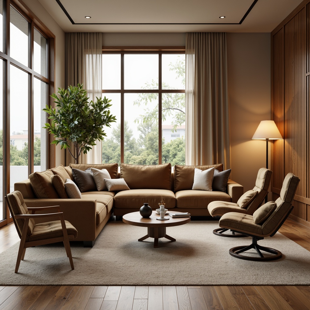 Prompt: Cozy living room, plush velvet sofa, reclining armchairs, wooden coffee table, floor lamps, soft beige carpet, minimal decor, large windows, natural light, calming atmosphere, comfortable seating, functional storage, ergonomic design, sturdy oak wood, subtle textures, earthy tones, warm ambient lighting, 1/1 composition, realistic render.