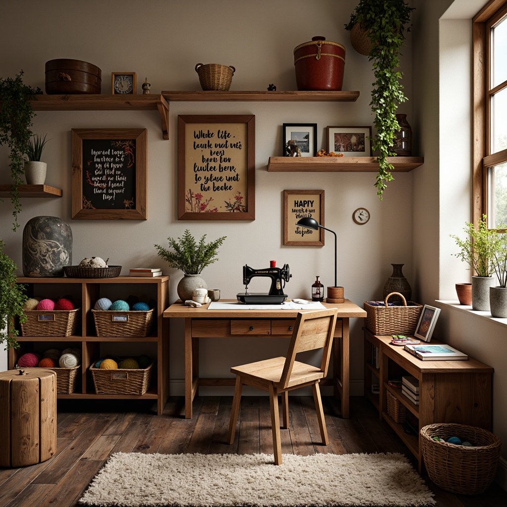 Prompt: Cozy craft room, wooden worktable, vintage sewing machine, rustic wood shelves, woven baskets, colorful yarn balls, decorative fabric scraps, inspirational quotes, natural light, earthy tone walls, distressed wood flooring, plush area rug, modern task lamp, eclectic decorative accents, soft warm glow, shallow depth of field, 1/1 composition, realistic textures, ambient occlusion.