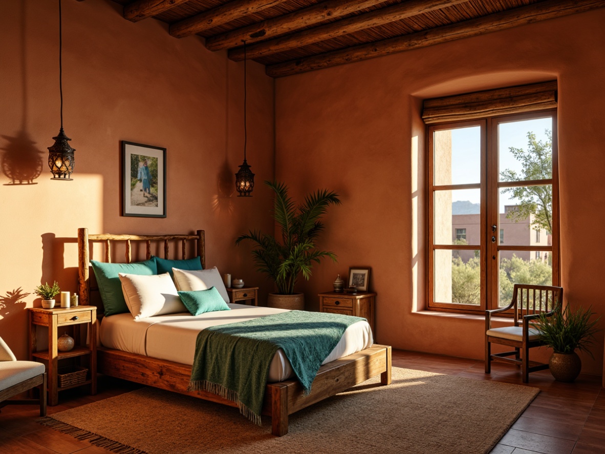 Prompt: Warm adobe-style bedroom, earthy terracotta walls, rustic wooden furniture, vibrant turquoise accents, soft woven textiles, natural fiber rugs, candlelit ambiance, warm golden lighting, table lamps with wrought iron details, pendant lights with handmade ceramic shades, floor lamps with distressed wood finishes, ambient dimmable lighting, cozy reading nooks, desert landscape views, sunny afternoon, soft shadows, 1/2 composition, realistic textures, subtle depth of field.