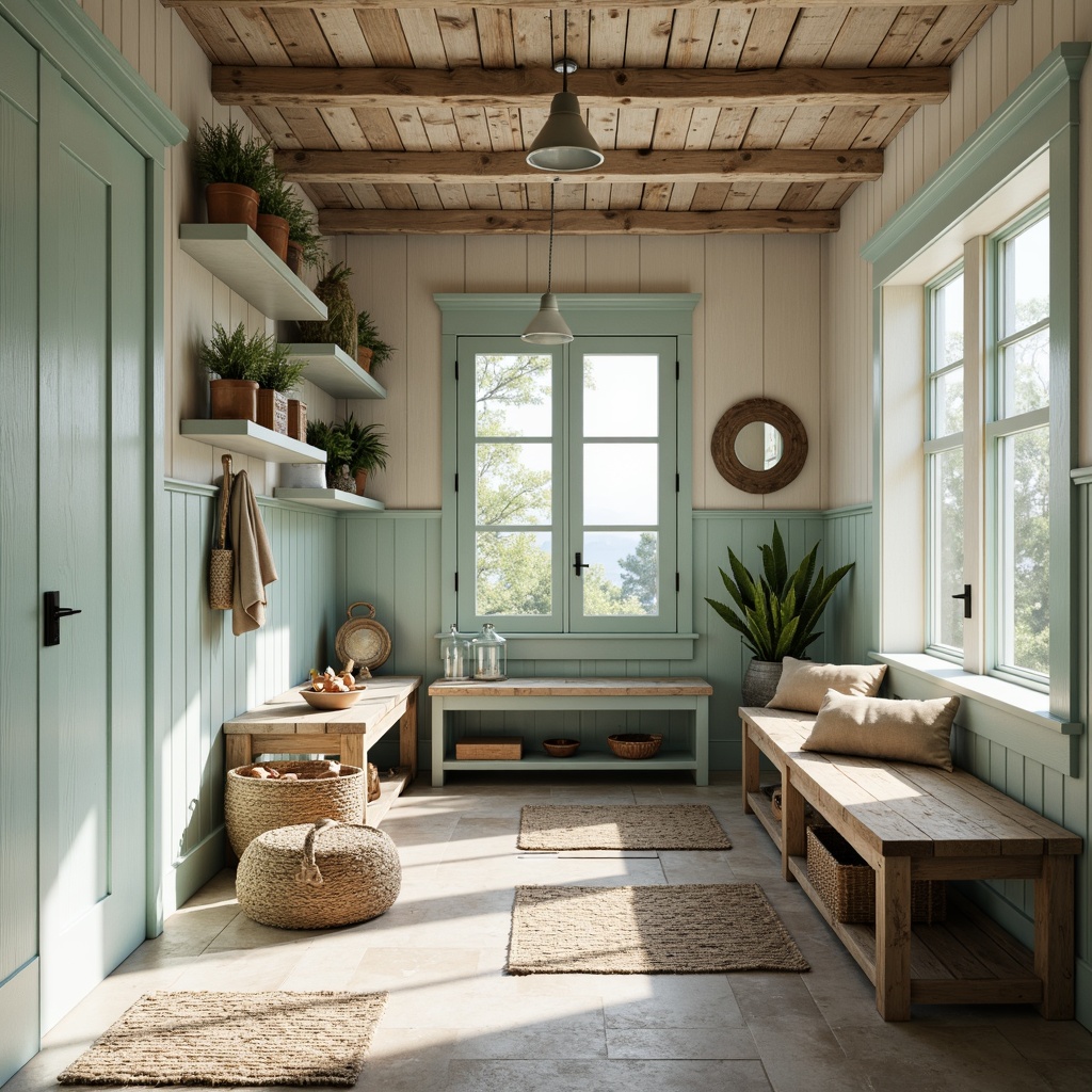 Prompt: \Coastal-style mudroom, natural stone flooring, weathered wood accents, driftwood-inspired decor, calming ocean hues, soft blue-green color palette, textured rugs, woven baskets, nautical rope details, distressed metal hardware, rustic wooden benches, coastal-themed wall art, sunny day, warm soft lighting, shallow depth of field, 1/1 composition, realistic textures, ambient occlusion.\