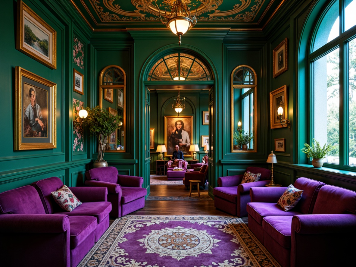 Prompt: Opulent Art Nouveau interior, rich jewel tones, emerald green walls, sapphire blue accents, amethyst purple furnishings, golden ornate details, intricate floral patterns, sinuous lines, organic shapes, velvet textiles, luxurious fabrics, warm candlelight, soft focus, shallow depth of field, 1/1 composition, atmospheric perspective, nostalgic ambiance.